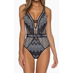 LNWOT Becca Reveal Plunge One-Piece Swimsuit Crochet Black Size XS